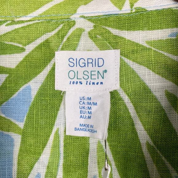 New Sigrid Olsen Linen Shirt Blue Green Leaf Print Button Front Women's M - Picture 6 of 7